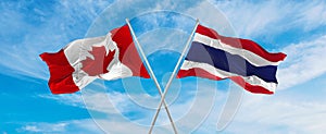 crossed national flags of Canada and thailand flag waving in the wind at cloudy sky. Symbolizing relationship, dialog, travelling