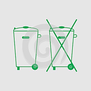 Crossed-out garbage can, sign. No trash bin icon. Container recycle. Vector illustration. Green on light grey background