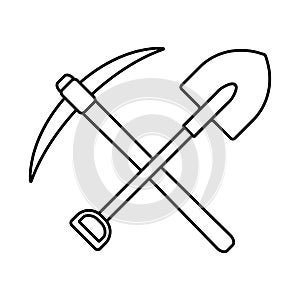 Crossed pickaxe and shovel icon in linear style.