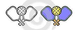 Crossed Pickleball Racket and Ball Icons In Outline Styles