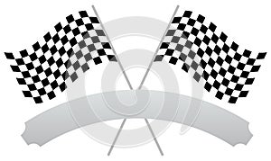 2 crossed racing flags with empty banner, plaque shape for texts