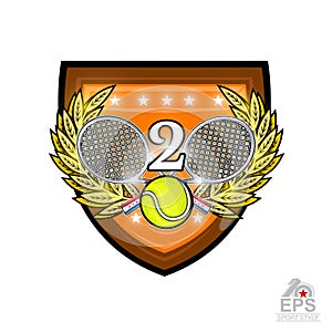 Crossed rackets with tennis ball and number two in the middle of golden wreath on the shield. Vector sport logo for any team or co