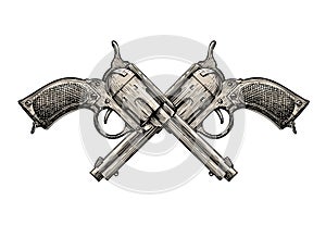 Crossed Revolvers. Vintage guns hand-drawn. Gun, firearms illustration