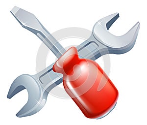 Crossed screwdriver and spanner tools