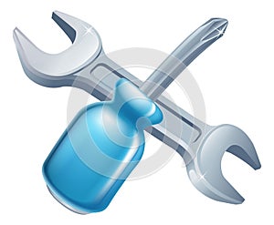 Crossed spanner and screwdriver tools