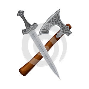 Crossed Sword and Axe with Scandinavian Ornament as Norway Attribute Vector Illustration