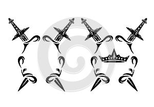 crossed swords and king crown heraldic coat of arms template black and white vector design