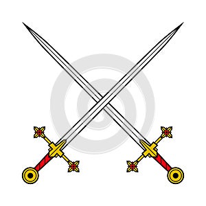 Crossed swords. Medieval emblem, coat of arms, symbol of the duel. Flat image, icon, isolated background.