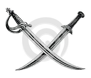 Crossed swords,Pirate symbol,Logo hand drawing vintage style iso