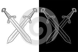 Crossed swords. Viking weapon. Hand drawn sketch