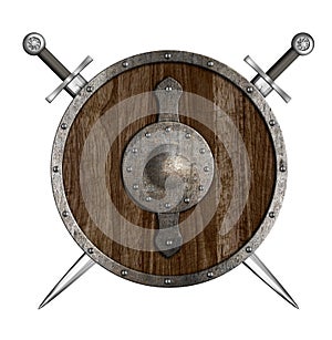 Crossed swords and wooden round shield coat of arms