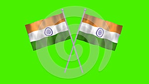 Crossed Table Flag of India, India Crossed Table flag waving in wind on Green Background. India Flag, Flag of India