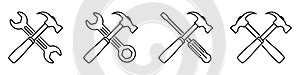 Crossed tool icons. Hammer, wrench and screwdriver. Repair tools icon