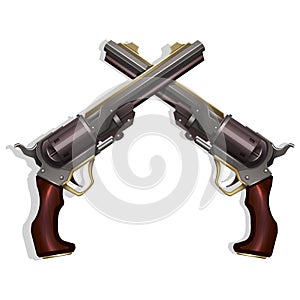 Crossed Wild West revolvers isolated on white background.