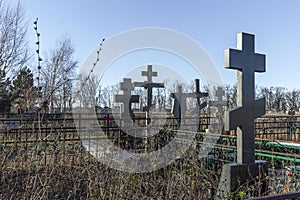 Crosses in the cemetery. Memory and repose. Close-up