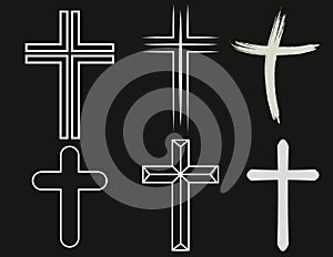 Crosses of christian religion. Set of isolated orthodoxy and catholicism divine symbols in shape of cross, Jesus Christ and God,