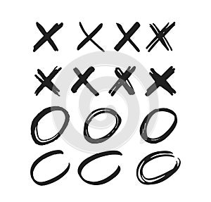 Crosses and Circles Manuscript Marks. Isolated Vector Monochrome X or O Signs on White Background. Writing Symbols photo