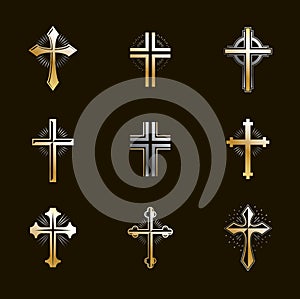 Crosses emblems vector emblems big set, Christian religion heraldic design elements collection, classic style heraldry symbols,