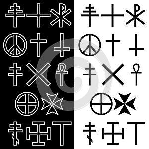 Crosses icons set. Symbols of religions. Line art. Isolated symbols on black, white background. Vector