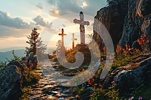 Crosses in the mountains at sunset. The concept of faith, spirituality and religion