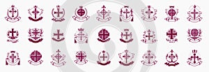 Crosses secrets emblems vector emblems big set, Christian religion heraldic design elements collection, classic style heraldry