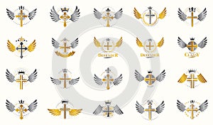 Crosses secrets emblems vector emblems big set, Christian religion heraldic design elements collection, classic style heraldry
