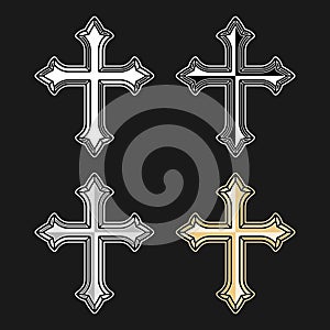 Crosses set of of four christian religion signs, church symbols colored on dark background