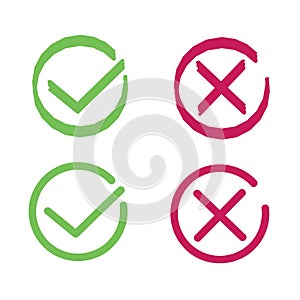 Crosses and ticks signs. Green tick and red cross, ok and crossing check mark vector icons in flat style. Yes and no symbols