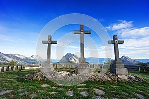 Crosses in Urkiola balcony surrounding by mountains