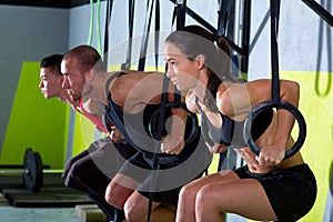 Crossfit dip ring group workout dipping in a row