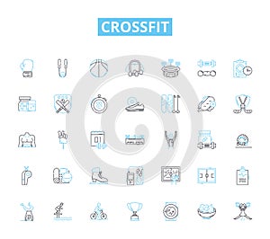 Crossfit linear icons set. WOD, Box, Reps, AMRAP, EMOM, Kipping, Intensity line vector and concept signs. Muscle-ups