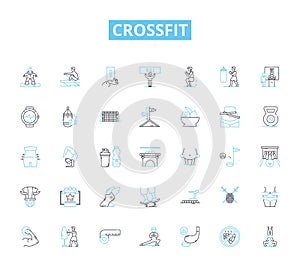 Crossfit linear icons set. WOD, Box, Reps, AMRAP, EMOM, Kipping, Intensity line vector and concept signs. Muscle-ups