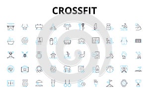 Crossfit linear icons set. WOD, Box, Reps, AMRAP, EMOM, Kipping, Intensity vector symbols and line concept signs. Muscle