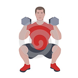 CrossFit workout training for open games championship. Sport man training two dumbbell thruster push press squatting exercise in t