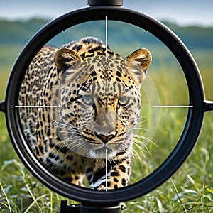 In the Crosshair - Critically Endangered Mammals - Anamur Leopard, created with Generative AI technology