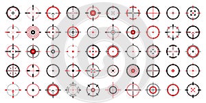 Crosshair, gun sight vector icons. Bullseye, black target or aim symbol. Military rifle scope, shooting mark sign