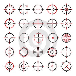 Crosshair, gun sight vector icons. Bullseye, black target or aim symbol. Military rifle scope, shooting mark sign