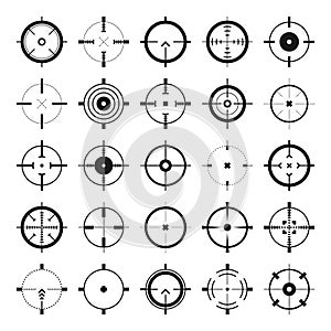 Crosshair, gun sight vector icons. Bullseye, black target or aim symbol. Military rifle scope, shooting mark sign