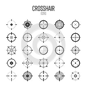 Crosshair, gun sight vector icons. Bullseye, black target or aim symbol. Military rifle scope, shooting mark sign