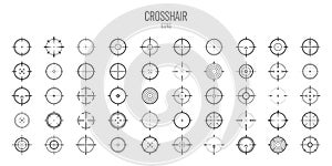 Crosshair, gun sight vector icons. Bullseye, black target or aim symbol. Military rifle scope, shooting mark sign