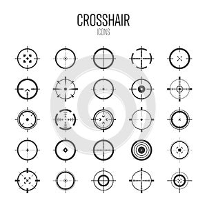 Crosshair, gun sight vector icons. Bullseye, black target or aim symbol. Military rifle scope, shooting mark sign