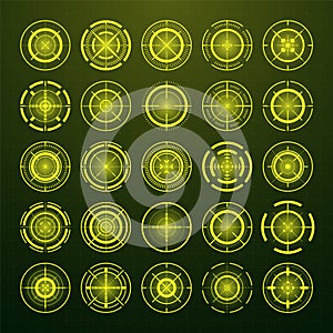 Crosshair, gun sight vector icons. Bullseye, black target or aim symbol. Military rifle scope, shooting mark sign