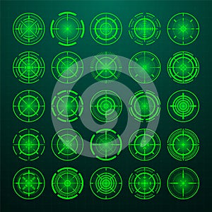 Crosshair, gun sight vector icons. Bullseye, black target or aim symbol. Military rifle scope, shooting mark sign