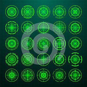 Crosshair, gun sight vector icons. Bullseye, black target or aim symbol. Military rifle scope, shooting mark sign