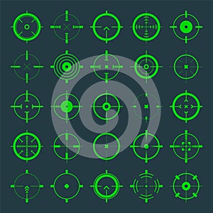 Crosshair, gun sight vector icons. Bullseye, green target or aim symbol. Military rifle scope, shooting mark sign
