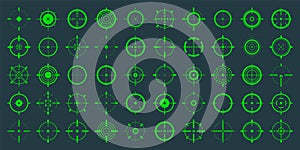 Crosshair, gun sight vector icons. Bullseye, green target or aim symbol. Military rifle scope, shooting mark sign