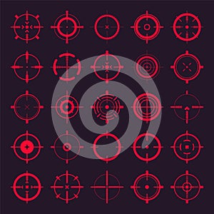 Crosshair, gun sight vector icons. Bullseye, red target or aim symbol. Military rifle scope, shooting mark sign