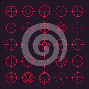 Crosshair, gun sight vector icons. Bullseye, red target or aim symbol. Military rifle scope, shooting mark sign