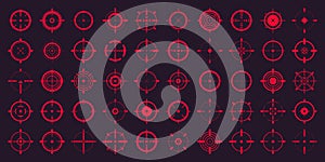 Crosshair, gun sight vector icons. Bullseye, red target or aim symbol. Military rifle scope, shooting mark sign