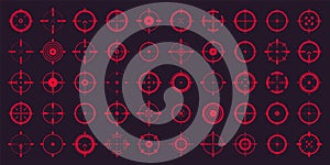 Crosshair, gun sight vector icons. Bullseye, red target or aim symbol. Military rifle scope, shooting mark sign